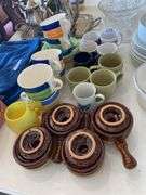Mini handled bean pots, coffee cups, 6 ceramic hand painted Italy oversized cups and saucers (1 cup chipped ), yellow glass mug