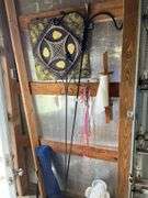 Shepard hooks, concrete angel, bag chair, artwork