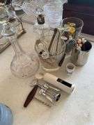 Bar wear, decanters, small ice bucket, picks, stirrers, corkscrews
