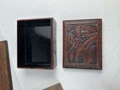 4 Carved wood boxes, laminated box