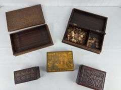 4 Carved wood boxes, laminated box