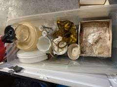 3 tubs of misc: cake stand, stone wave, light bulbs, vases, Tupperware, carafe, 6 crystal glasses, 9 Apolo glasses