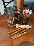 Bar wear, decanters, small ice bucket, picks, stirrers, corkscrews