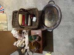 Basket, candles, jewelry case, box misc glassware, William Rogers Silverplate tray