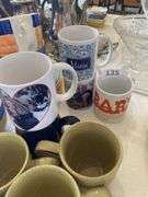 Mini handled bean pots, coffee cups, 6 ceramic hand painted Italy oversized cups and saucers (1 cup chipped ), yellow glass mug