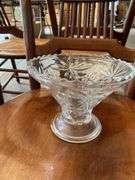 Clear pressed glass pedestal fruit bowl, cups, trophy bowl