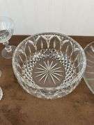 Crystal glasses and bowl, pressed glass round divided plate
