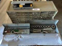 Hardware drawer organizer, 2 sears ratchet/socket sets, wood hand saw, level