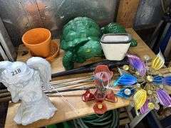 Concrete turtles, angel, yard decor, hummingbird feeder, hot dogs roasting sticks