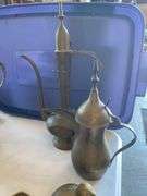 Brass items, etched teapots, quail, napkin rings, trivet, scissors, bell