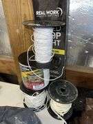 Vintage milk bottles, lot of springs, poly wire, 4’ LED shop light, Chevrolet sign