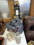 Vintage milk bottles, lot of springs, poly wire, 4’ LED shop light, Chevrolet sign