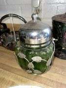 Fenton Carnival Glass Basket and Pedastal Jar w/ Lid, Vintage Green Glass Biscuit Jar in Attached Chrome Leaves
