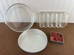 Vintage Bakeware Lot – Fire King Pie Plate, Miracle Maize Glass Corn Mold, Cake Pan & Cookie Cutters