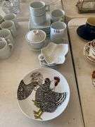 6 piece teacup and saucers, chicken plates, leaf dishes