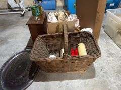 Basket, candles, jewelry case, box misc glassware, William Rogers Silverplate tray
