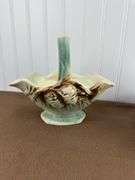 Vintage McCoy Pottery Lot – Leaf Basket Vase & White/purple Scalloped Bowl