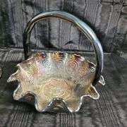 Fenton Carnival Glass Basket and Pedastal Jar w/ Lid, Vintage Green Glass Biscuit Jar in Attached Chrome Leaves