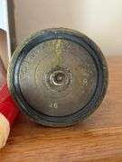 Led candle set, pair of candle holders made from WW II shell casings, tin box, photo albums, misc