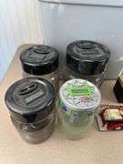 Coin counters, banks, calculator, 2 storage totes with lids