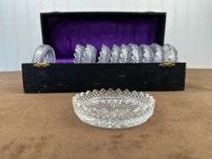 Crystal goblets in case, glass casters in case, 2 crystal bowls