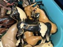 Large lot of vintage model horses, dolls on stands