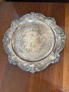 Silver plated dishes, basket weave with glass liner, charger, round reticulated and 3 footed basket