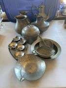 Hammered aluminum and pewter pieces, teapot, tobacco container, pitchers, vase