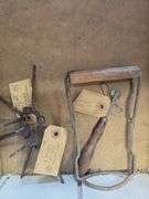 Antique Metal Soldering Iron, Hoof Knife, Wood Awl, Jar Tongs, Leather Working Tools, misc