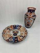 Antique Asian inspired 11” vase and wall plate
