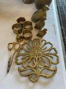 Brass items, etched teapots, quail, napkin rings, trivet, scissors, bell