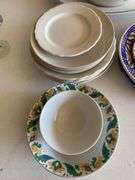 Ceramic ware, tureen, platter, plates and bowls, plate dated 10-16-1938