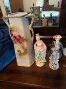 Nippon pitcher (damaged) 12", 2 figurines made in Japan 9"