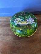 Crystal covered vanity dish, painted round porcelain dish, wood bead necklace
