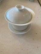 6 piece teacup and saucers, chicken plates, leaf dishes