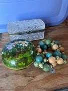 Crystal covered vanity dish, painted round porcelain dish, wood bead necklace