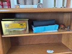 Led candle set, pair of candle holders made from WW II shell casings, tin box, photo albums, misc
