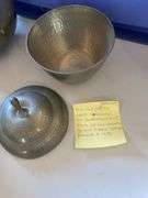 Hammered aluminum and pewter pieces, teapot, tobacco container, pitchers, vase