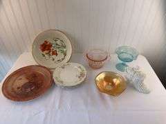 Misc china, pink blue milk and carnival glass
