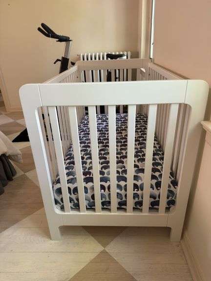 Crate and Kids white baby crib with mattress/ sheet. 54” l X 30” w