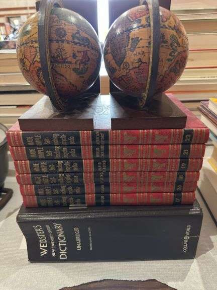 Webster dictionary, self teaching encyclopedias, globe bookends