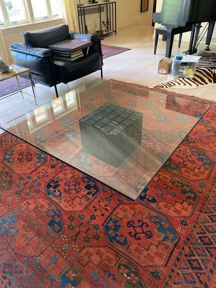 Post modern nero marquina marble base and glass top coffee table, 48" square 14" h image