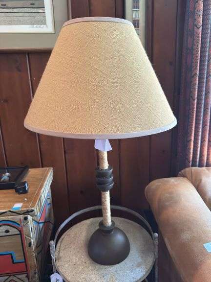 Table lamp with burlap shade 29”