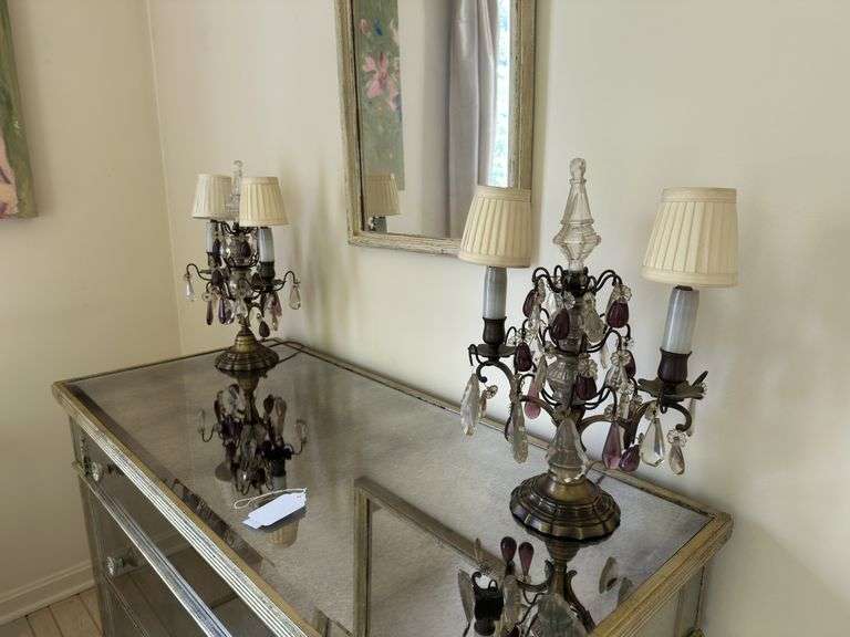 Pair of girandole lamps 17” h  crystals, brass. Very heavy!