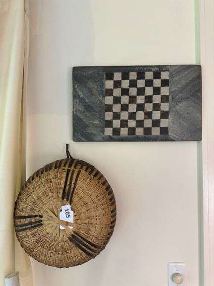 Handwoven Basket & Folk Art Checkerboard Game Board
