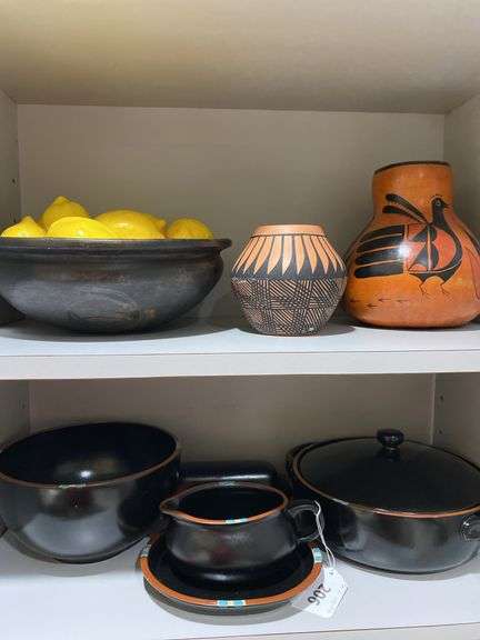 DANSK stoneware dishes, wood bowl with lemons, pottery vase, gourd vase image