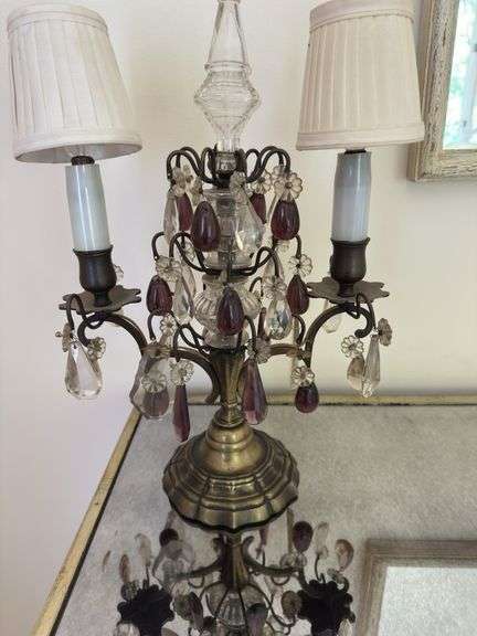 Pair of girandole lamps 17” h  crystals, brass. Very heavy!