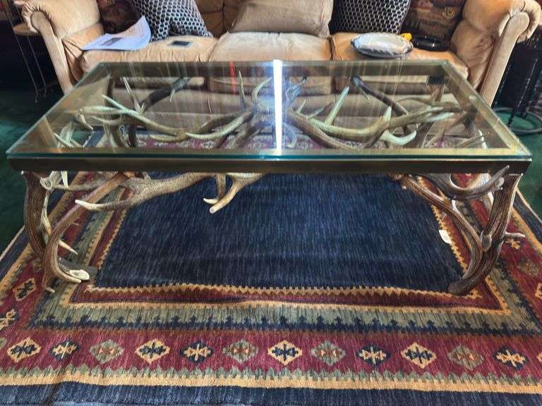 Vintage glass top antler coffee table 4’ long x 2’ wide x 19.5” tall