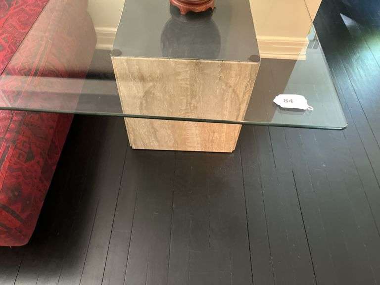 Side table, travertine base, glass top