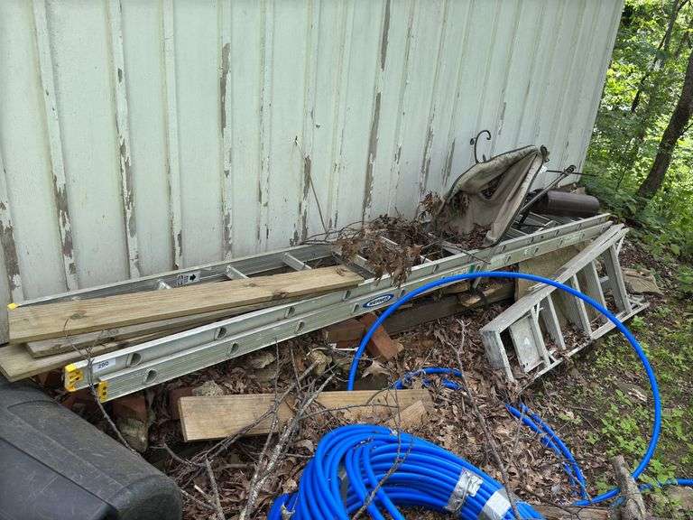 Ext. ladder, folding ladder, wheel barrel, Squirrel proof Shepards hook image